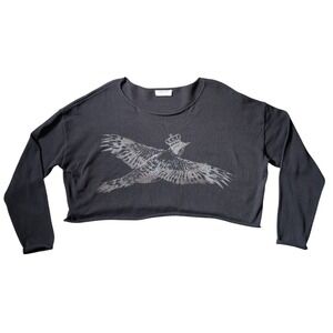 Y2K Indie Sleeze Pixie Fairy Crowned Bird Graphic Oversized Cropped Sweatshirt